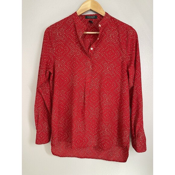 Lauren Ralf Lauren Women's Red Long Sleeve Blouse Size PM Petite Medium High-low - Picture 1 of 8